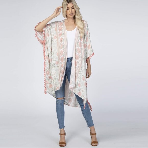 Plus Size Pink Mixed Floral Fringe Trim Cover Up Duster Sz 2X-3X - Picture 3 of 7